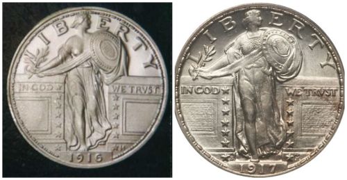 The sexy 1916 Standing Liberty and the more modest 1917